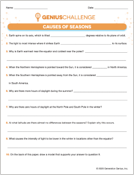 Causes of Seasons Printable Worksheet