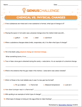 Chemical vs. Physical Changes Printable Worksheet
