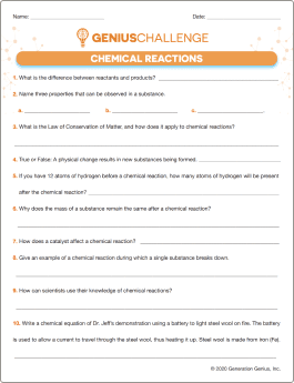 Chemical Reactions Printable Worksheet
