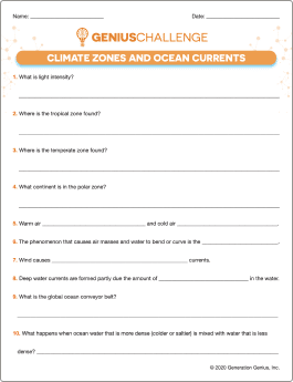 Climate Zones & Ocean Currents Printable Worksheet