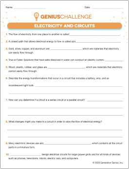 Electricity & Circuits Printable Worksheet