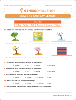 Four Seasons and Day Length Printable Worksheet