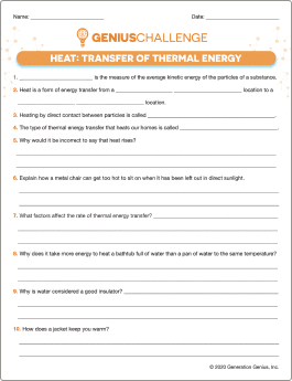 Heat: Transfer of Thermal Energy Printable Worksheet