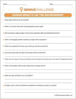 Human Impacts on the Environment Printable Worksheet