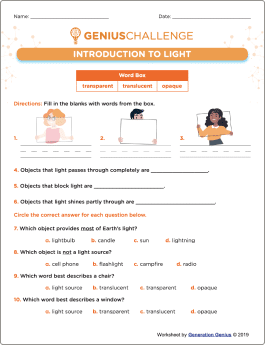 Introduction to Light Printable Worksheet