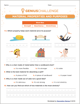 Material Properties and Purposes Printable Worksheet