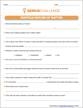 Particle Nature of Matter Printable Worksheet