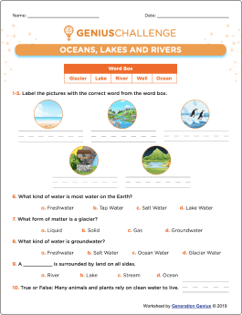Oceans, Lakes and Rivers Printable Worksheet