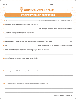 Properties of Elements Printable Worksheet