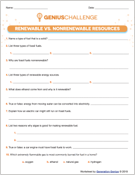 Renewable vs. Nonrenewable Resources Printable Worksheet