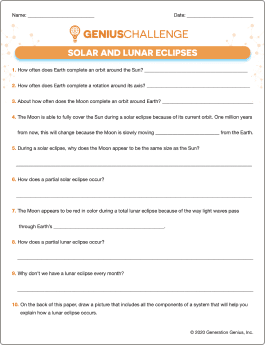 Solar & Lunar Eclipses Printable Worksheet