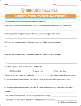 Intro to Thermal Energy Printable Worksheet