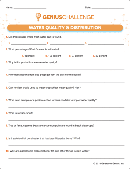 Water Quality & Distribution Printable Worksheet