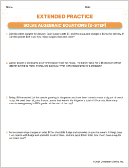 Solve Algebraic Equations (2-Step) Word Problems