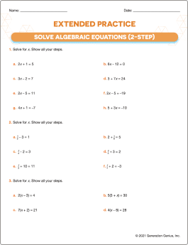 Solve Algebraic Equations (2-Step) Printable Worksheet