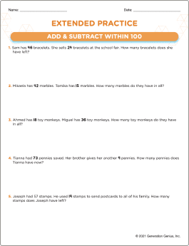 Add & Subtract Within 100 Printable Worksheet