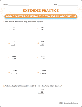 Add & Subtract Using the Standard Algorithm Printable Worksheet