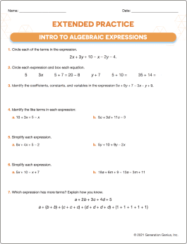 Intro to Algebraic Expressions Printable Worksheet