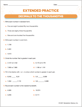 Decimals to the Thousandths Printable Worksheet