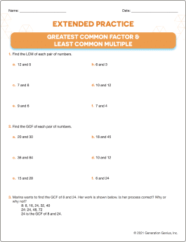 Greatest Common Factor & Least Common Multiple Printable Worksheet
