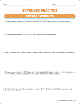 Integer Exponents Word Problems