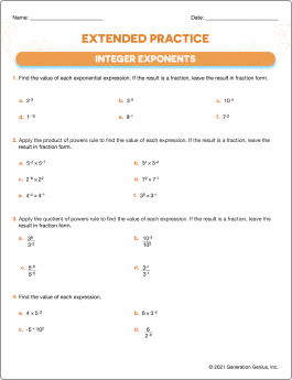 Integer Exponents Printable Worksheet