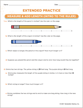 Measure & Add Length (Intro to the Ruler) Printable Worksheet