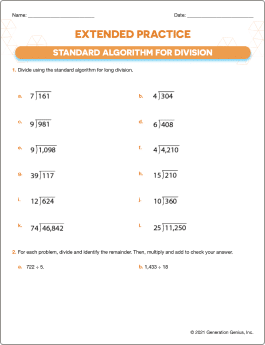 Long Division (Standard Algorithm for Division) Printable Worksheet