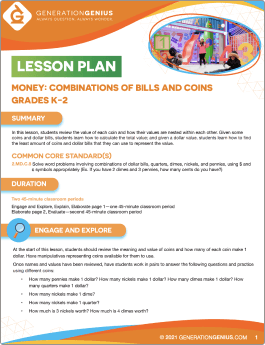 Money: Combinations of Bills & Coins Lesson Plan