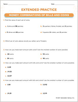 Money: Combinations of Bills & Coins Word Problems