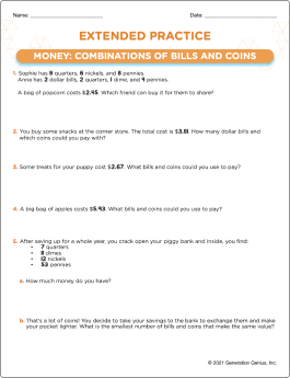 Money: Combinations of Bills & Coins Printable Worksheet