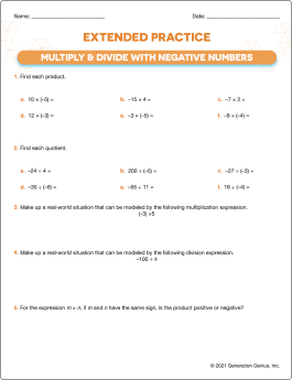 Multiply & Divide with Negative Numbers Printable Worksheet