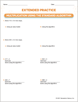Multiplication Using The Standard Algorithm Printable Worksheet