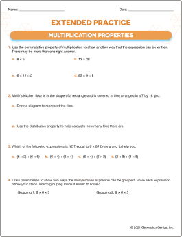 Multiplication Properties (Commutative, Associative & Distributive) Printable Worksheet