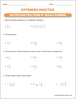 Multiplying Fractions by Whole Numbers Printable Worksheet