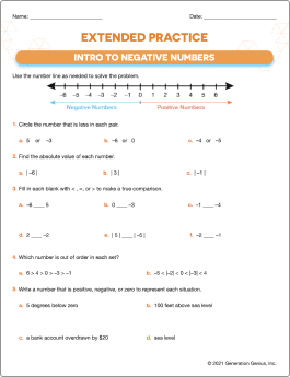 Intro to Negative Numbers Printable Worksheet