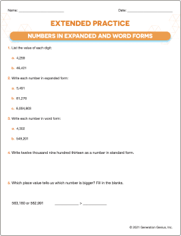 Numbers in Expanded & Word Form (1,000 & Beyond) Printable Worksheet