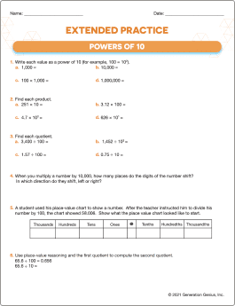 Powers of 10 Printable Worksheet