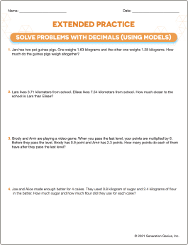 Solve Problems with Decimals (Using Models) Word Problems