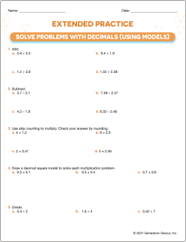 Solve Problems with Decimals (Using Models) Printable Worksheet