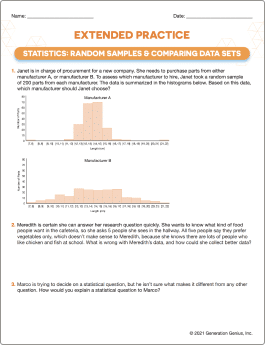 Statistics: Random Samples & Comparing Data Sets Printable Worksheet