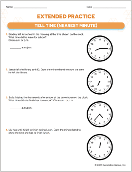 Tell Time (Nearest Minute) Printable Worksheet